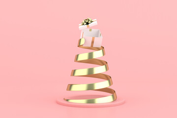 Poster - Minimal trendy scene of gift box and golden spiral ribbon on pink background, 3D rendering.