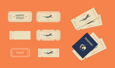 Poster - Ticket or coupons template mockup vector set for plane flight or cinema theatre performance old vintage flat cartoon design and think line art outline style isolated, passport with boarding pass