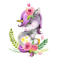 Cute Unicorn. pony magic colorful. Horse cartoon watercolor illustration