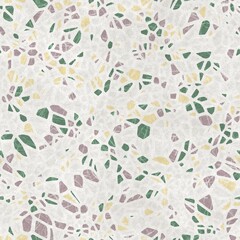  Seamless terrazzo pattern for surface design and print. High quality confetti illustration. Trendy rock and mineral composite mosaic composition in repeat. Textile print in light colors.