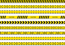 Black Yellow Tape. Strip For Caution And Danger. Tape For Police, Construction, Crime And Warning. Line Of Danger Zone. Stripe For Barrier And Restricted Area. Sign Of Accident And Criminal. Vector