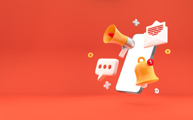 Poster -  Smartphone Trend Social Media Platform, online social communication applications concept, message, notification and chat bubble floating with smartphone on bright red background. 3d rendering