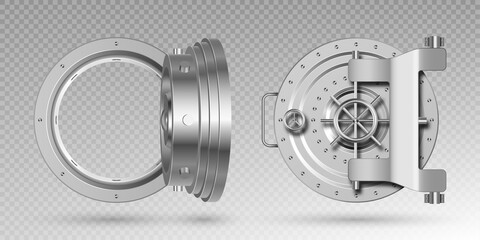 Round steel bank vault doors on transparent background. Vector realistic