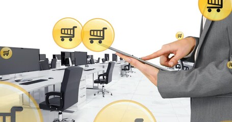 Poster - Animation of flying shopping trolley icons over office