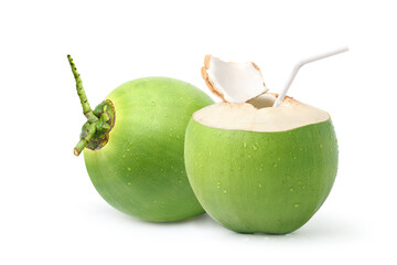 Cool  young coconut juice with water droplets isolated on white background.