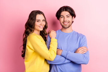 Sticker - Photo of young attractive couple happy positive smile husband wife married isolated over pink color background