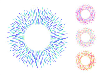 Poster - Colorful drops, long droplets round text frames. Circle, ring shape autumn backgrounds set, collection. Radial abstract decoration made of watercolor like gradient splashes, firework sparks, splatter.