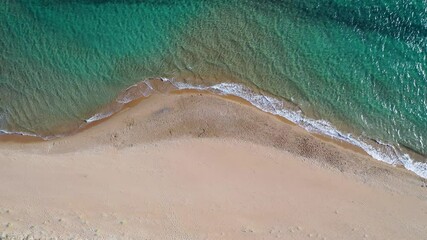 Canvas Print - High angle 4k video of Halikounas Beach over Korission coastal lagoon located in the southern part of the Greek island of Corfu, in the Ionian Sea