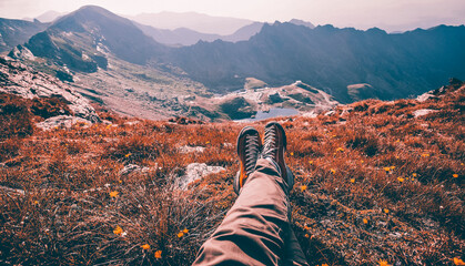 Legs of traveler sitting on a high mountain top in travel