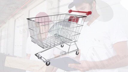 Poster - Animation of shopping trolley spinning over smiling delivery man