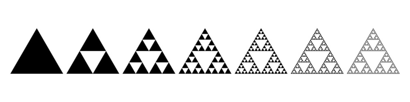 Evolution of the Sierpinski triangle. Steps constructing mathematical geometric endless fractal Sierpinski gasket. Pyramid with an infinite pattern isolated on white