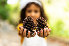 Shallow Focus Shot Of A Little Girl Holding Two Cones On A Sunny Day