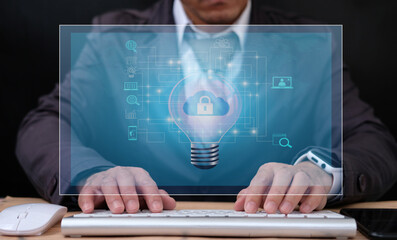 Poster - Cybersecurity and information technology security services concept. Businessman with protective gesture Lock icon to protect the security