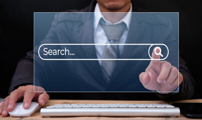 Poster - Searching on Internet with person using a browser software on virtual computer to open search engine with text bar and magnifying glass icon. Access information online