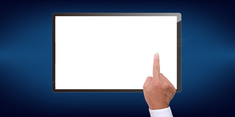 Poster - Tablet on blue background and white screen and business with technology concept