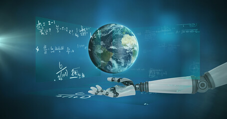 Globe spinning over robotic hand against mathematical equations on blue background