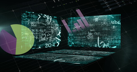 Mathematical equations floating against statistical data processing against black background