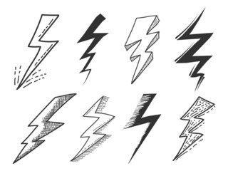 Poster - Set of electric lightning, thunder bolt in doodle style. isolated on white background. vector illustration