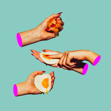 Modern Design, Contemporary Art Collage. Inspiration, Idea, Trendy Urban Magazine Style. Female Hands With Eggs On Light Background