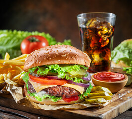 Wall Mural - Delicious hamburger with cola and potato fries. Fast food concept. File contains clipping path.