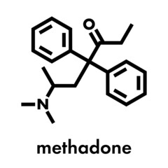 Poster - Methadone opioid dependency drug molecule. Also used as analgesic. Skeletal formula.