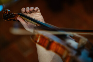 Sticker - Closeup of a female violinist playing violin at the concert, focus on the hand