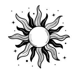 Canvas Print - Detailed drawing of the sun with rays, engraving, hand drawing. Silhouette of the sun, linear sketch for tarot, astrology, divination. Vector illustration isolated on white background.