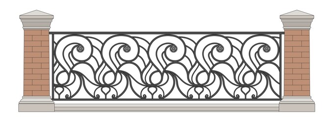 Wall Mural - Art Nouveau Iron Fence With Brick Pillars. Urban Design. Decor. Vintage. Luxury Modern Architecture. Palace. City. Street. Park. Wrought Iron Railing. Handrails. Blacksmithing. Isolated. White.	