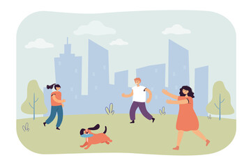 Wall Mural - Cartoon children running after dog with flying disk in mouth. Kids playing with puppy outside flat vector illustration. Outdoor activity, leisure concept for banner, website design or landing web page