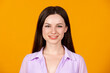 © Lustre Art Group  - Close-up portrait of young beautiful smiling girl isolated on orange studio background