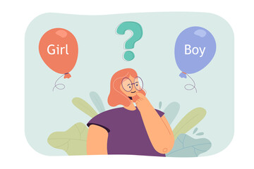 Wall Mural - Pregnant cartoon woman in glasses guessing gender of future baby. Balloons with words girl and boy flat vector illustration. Pregnancy, maternity concept for banner, website design or landing web page
