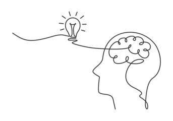 a human head with a brain and a light bulb on are drawn by one continuous line