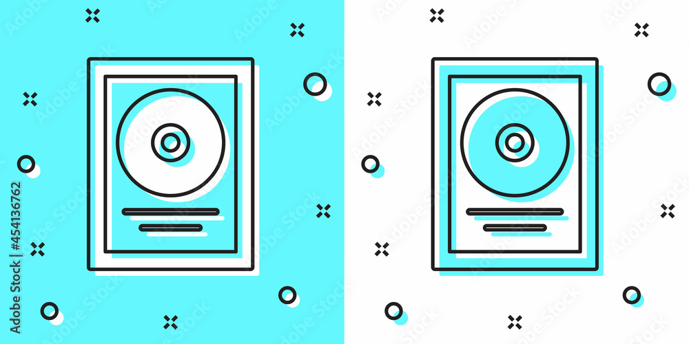 Black line CD disk award in frame icon isolated on green and white ...