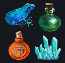A Set Of Icons On A Dark Background. Isolates For A Casual Fantasy Game. A Green Glass Bottle, A Bright Blue Poisonous Frog, A Quartz Crystal, A Round Leather Flask With A Symbol. A Set Of Icons.