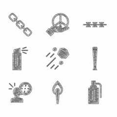 Sticker - Set Flying stone, Torch flame, Hand grenade, Police rubber baton, Protest, Pepper spray, Barbed wire and Chain link icon. Vector