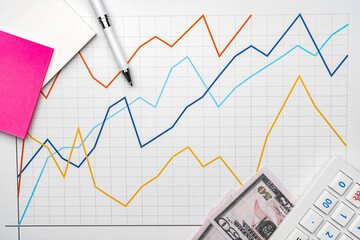 Poster - Office workplace table with report pages with financial data