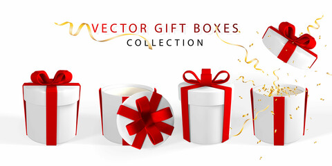 Wall Mural - 3D render realistic gift box with red bow. Paper box with red ribbon and shadow isolated on white background. Vector illustration