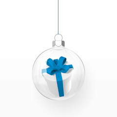 Wall Mural - Christmas ball with gift box inside. Xmas transparent glass ball. Holiday decoration template. Vector illustration