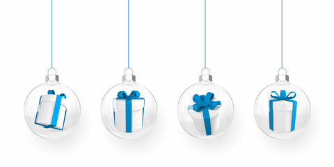 Wall Mural - Christmas ball with gift box inside. Xmas transparent glass ball. Holiday decoration template. Vector illustration