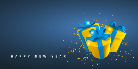 Wall Mural - New Year and Christmas background. 3D realistic gift boxes with bow and confetti. Vector illustration