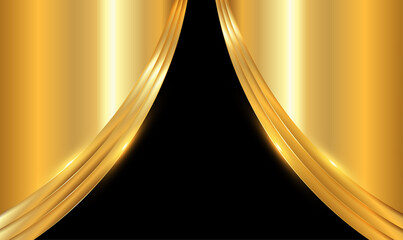 Poster - Gold metallic curve overlap on black background. Luxury Gold Background with metal texture and Expensive shades in 3d abstract style. Modern template deluxe design. Premium background. Vector EPS10