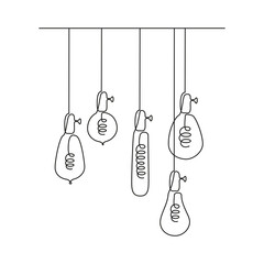 Wall Mural - One continuous line drawing of Loft lightbulbs. Vector illustration of Hanging modern pendant Electic lamps with Edison bulbs in linear style