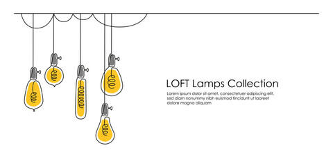 Aufkleber - One continuous line drawing of shining lightbulbs. Hanging modern pendant Electric Loft lamps with bulbs in doodle style. Vector illustration