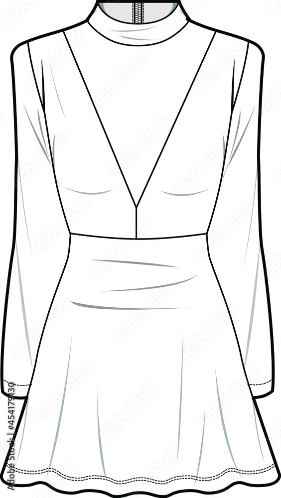 skater dress sketch Long sleeve high neck skater dress fashion flat sketch vector Illustration Stock Vector