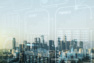 Aufkleber - Multi exposure of stats data illustration on Los Angeles city skyline background, computing and analytics concept