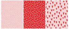 Cute Hand Drawn Irregular Vector Patterns With Tiny Red And Pink Hearts And Red Polka Dots Isolated On A Light Pink And Red Background. Funny Infantile Style Geometric Design. Dotted Print.
