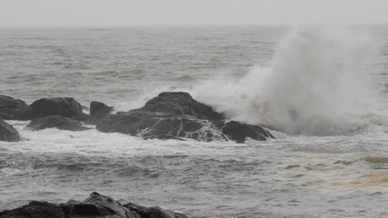 Poster - Sea waves striking large rocks in middle of sea