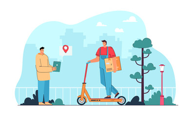 Wall Mural - Courier on electric scooter delivering box to customer. Man in uniform on personal transport flat vector illustration. Delivery, transportation concept for banner, website design or landing web page