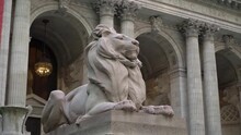 Lion Sculpture At Entrance To New York Public Library At 5th Avenue In Manhattan