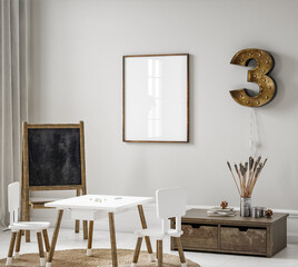 mock up frame in children room with natural wooden furniture, 3d render